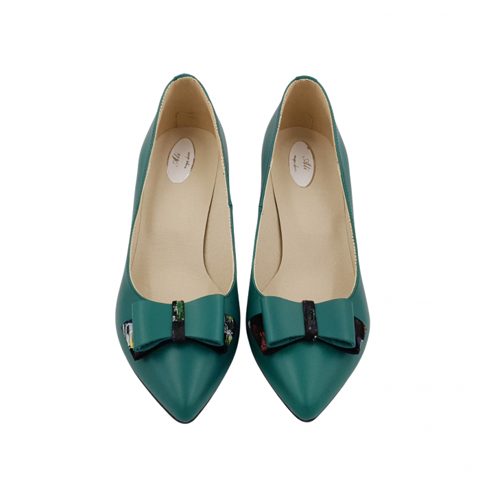 Pantofi damă eleganți, stiletto, piele naturală, toc gros îmbrăcat, fundă, picasso, verde, Sandali [3]