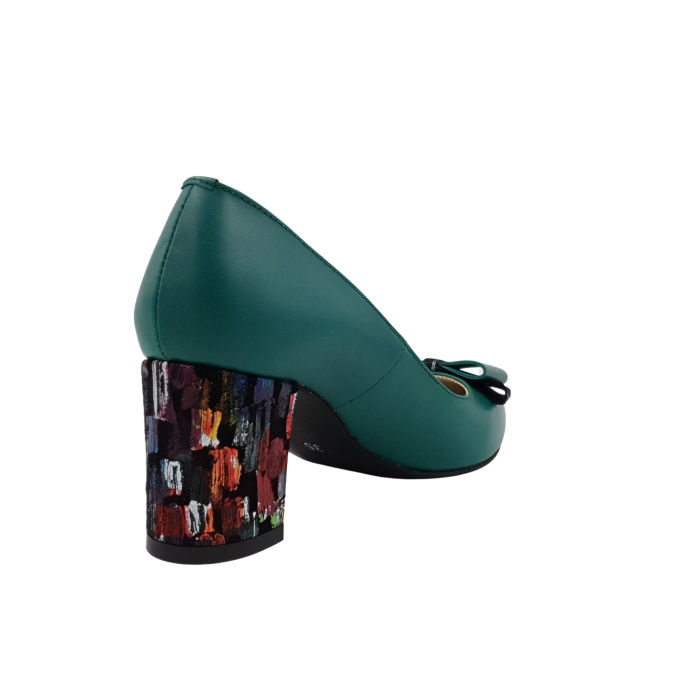 Pantofi damă eleganți, stiletto, piele naturală, toc gros îmbrăcat, fundă, picasso, verde, Sandali [2]