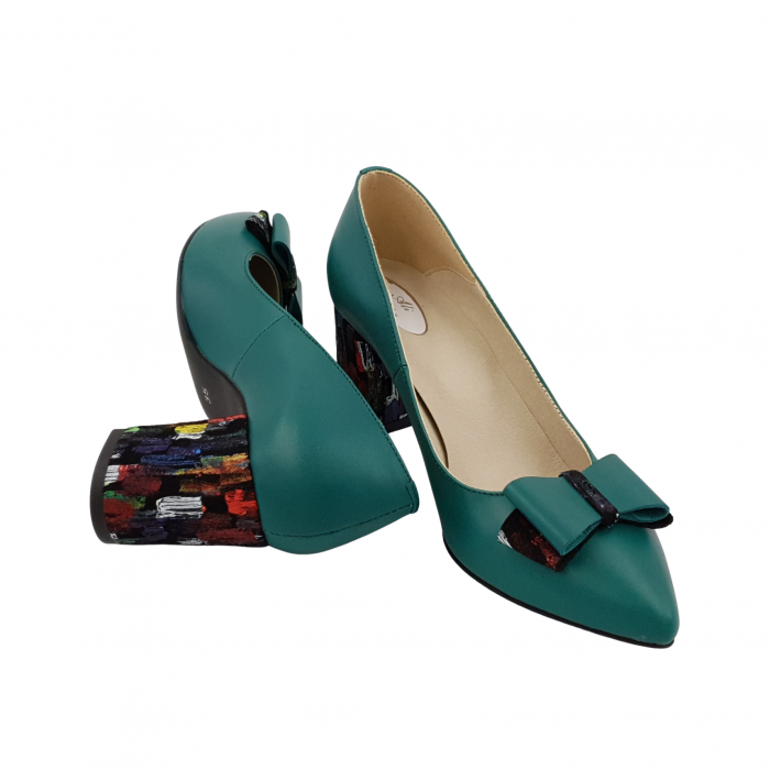 Pantofi damă eleganți, stiletto, piele naturală, toc gros îmbrăcat, fundă, picasso, verde, Sandali [4]
