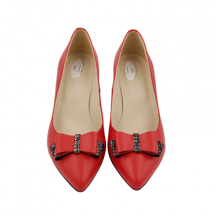 Pantofi damă eleganți, stiletto, piele naturală, toc gros îmbrăcat, fundă, roșu cu linii colorate, Sandali [3]