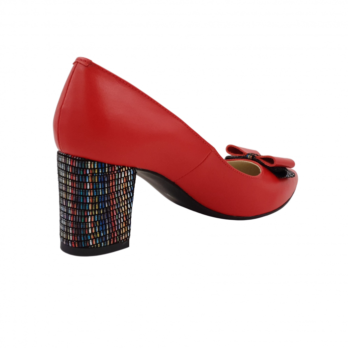 Pantofi damă eleganți, stiletto, piele naturală, toc gros îmbrăcat, fundă, roșu cu linii colorate, Sandali [2]