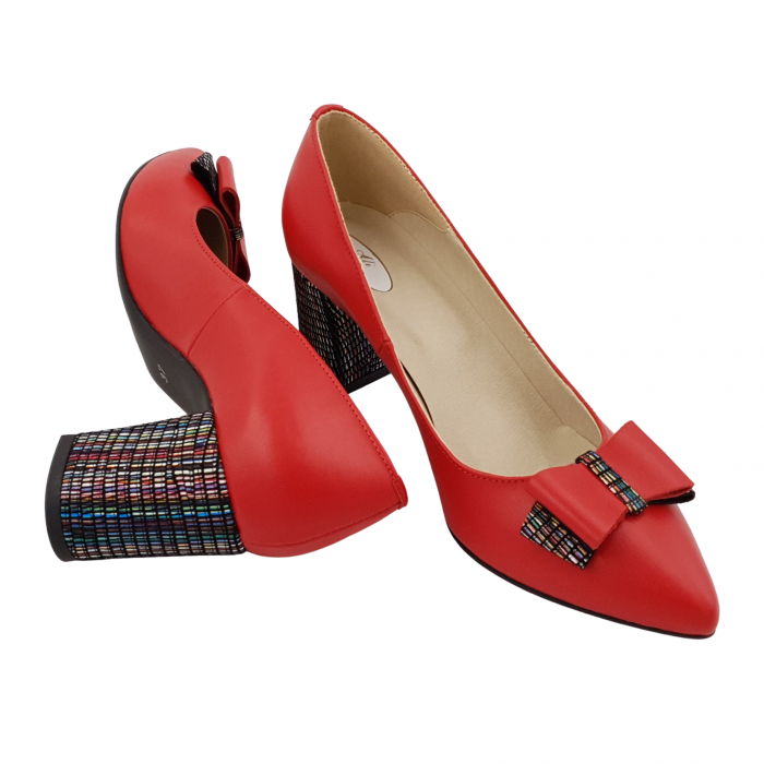 Pantofi damă eleganți, stiletto, piele naturală, toc gros îmbrăcat, fundă, roșu cu linii colorate, Sandali [4]