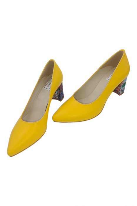 Pantofi damă eleganți, stiletto, piele naturală, toc gros îmbrăcat, galben tradițional, Sandali [5]