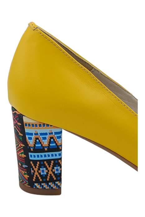 Pantofi damă eleganți, stiletto, piele naturală, toc gros îmbrăcat, galben tradițional, Sandali [3]