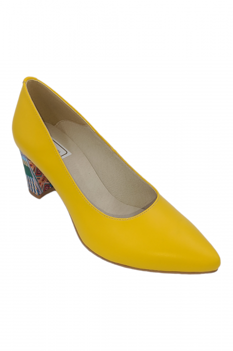 Pantofi damă eleganți, stiletto, piele naturală, toc gros îmbrăcat, galben tradițional, Sandali [2]