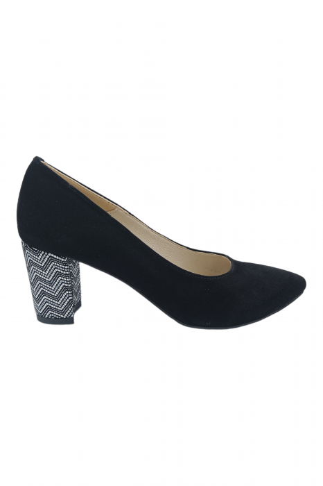 Pantofi damă eleganți, stiletto, piele naturală velur, toc gros îmbrăcat, negru zig-zag, negru, Sandali [2]