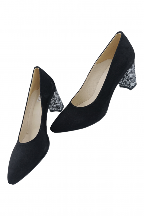 Pantofi damă eleganți, stiletto, piele naturală velur, toc gros îmbrăcat, negru zig-zag, negru, Sandali [5]