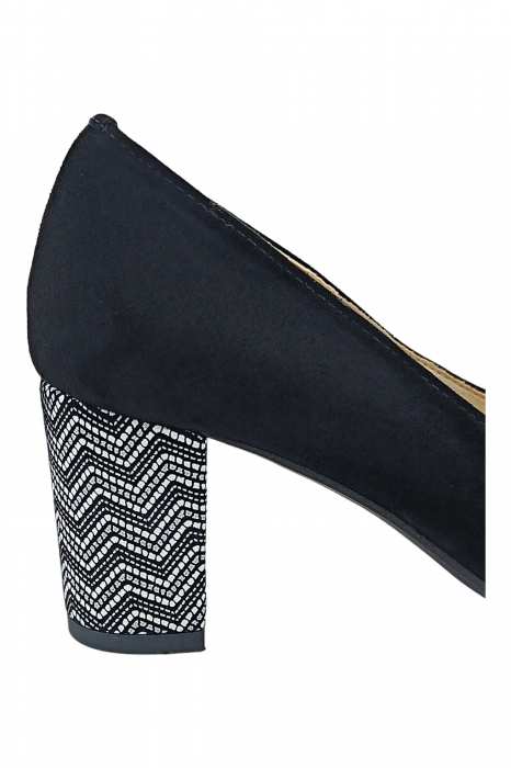 Pantofi damă eleganți, stiletto, piele naturală velur, toc gros îmbrăcat, negru zig-zag, negru, Sandali [3]
