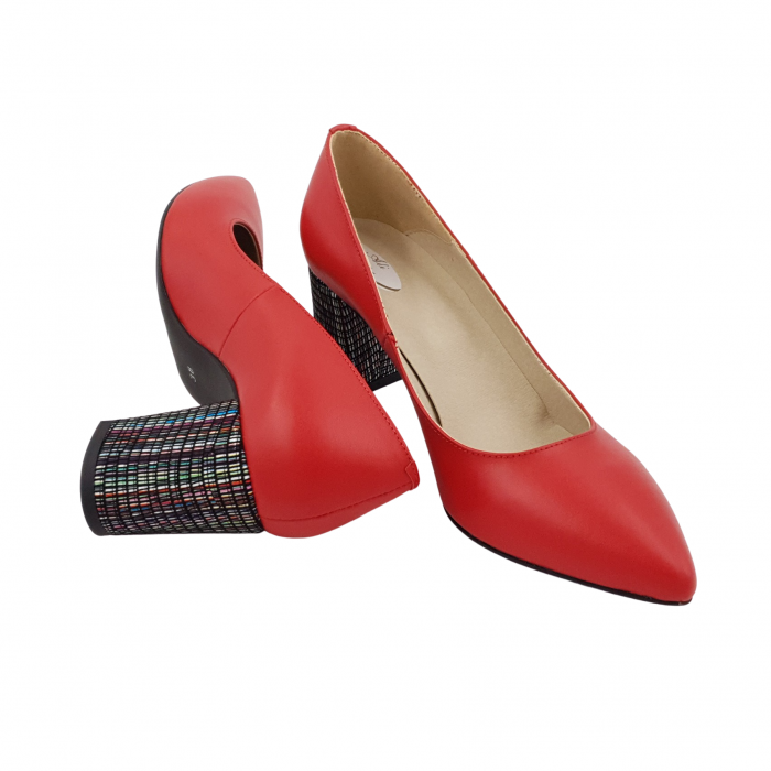 Pantofi damă eleganți, stiletto, piele naturală, toc gros îmbrăcat, roșu cu linii colorate, Sandali [4]