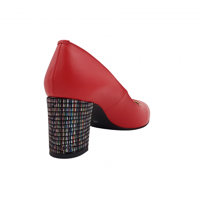 Pantofi damă eleganți, stiletto, piele naturală, toc gros îmbrăcat, roșu cu linii colorate, Sandali [2]