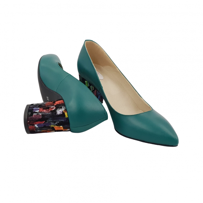 Pantofi damă eleganți, stiletto, piele naturală, toc gros îmbrăcat, verde cu pătrățele colorate, Sandali [4]