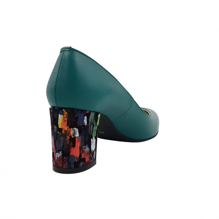 Pantofi damă eleganți, stiletto, piele naturală, toc gros îmbrăcat, verde cu pătrățele colorate, Sandali [2]