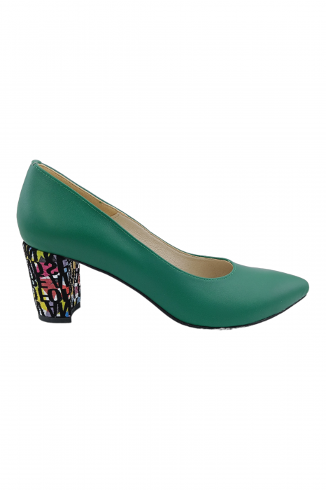 Pantofi damă eleganți, stiletto, piele naturală, toc gros îmbrăcat, verde litere, Sandali [2]