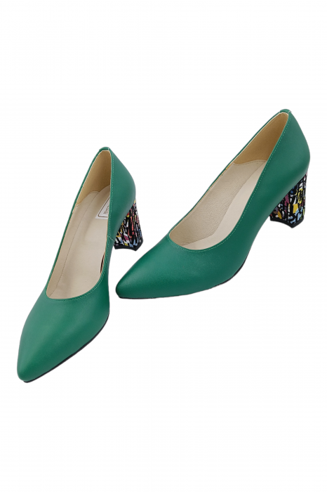 Pantofi damă eleganți, stiletto, piele naturală, toc gros îmbrăcat, verde litere, Sandali [5]
