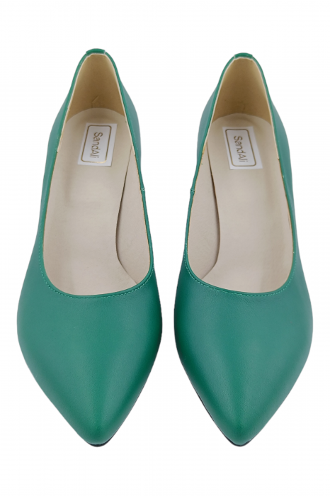 Pantofi damă eleganți, stiletto, piele naturală, toc gros îmbrăcat, verde litere, Sandali [4]