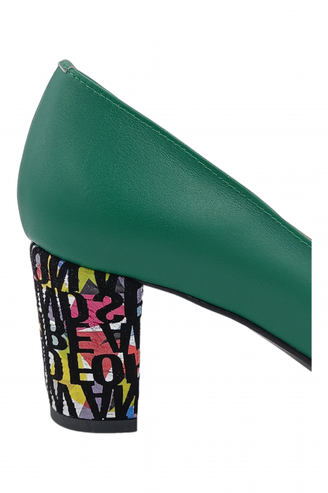 Pantofi damă eleganți, stiletto, piele naturală, toc gros îmbrăcat, verde litere, Sandali [3]