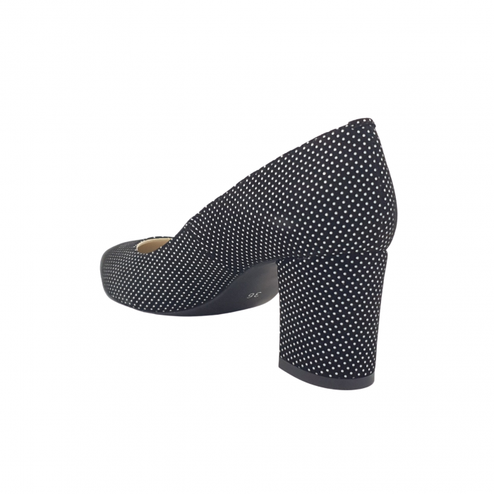 Pantofi damă eleganți, stiletto, piele naturală, toc gros, negru cu buline albe, Sandali [2]