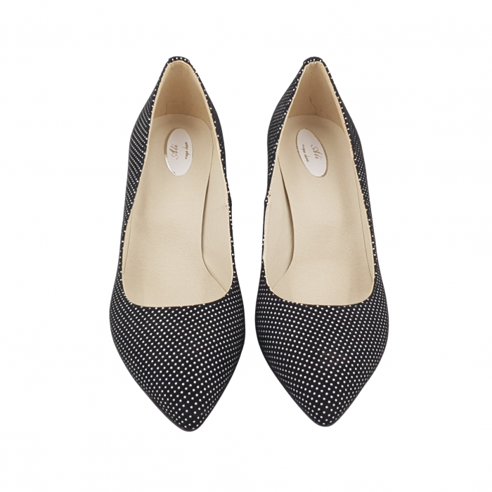 Pantofi damă eleganți, stiletto, piele naturală, toc gros, negru cu buline albe, Sandali [3]