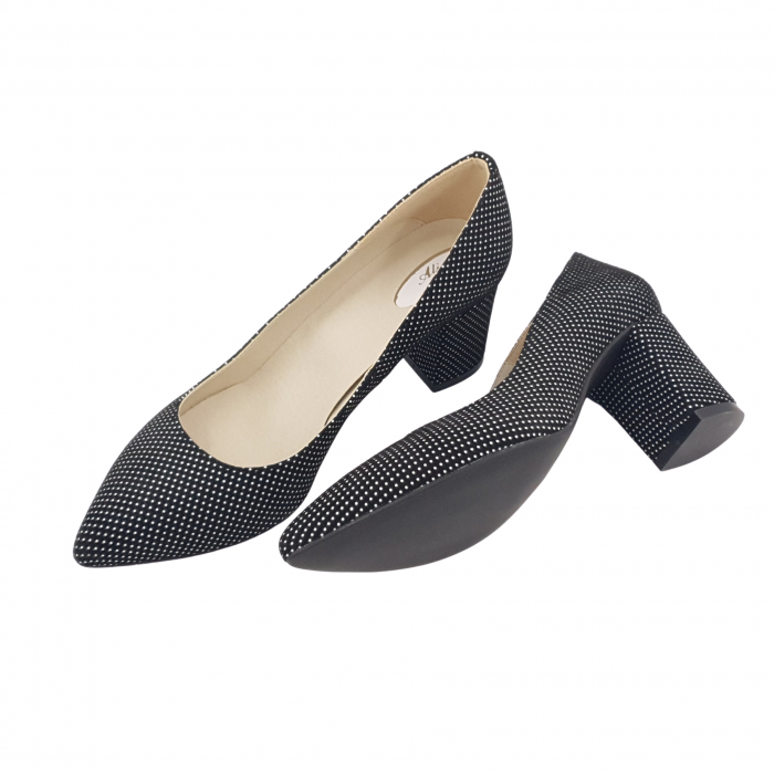 Pantofi damă eleganți, stiletto, piele naturală, toc gros, negru cu buline albe, Sandali [4]
