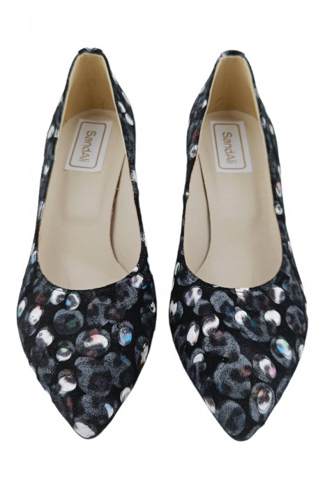 Pantofi damă eleganți, stiletto, piele naturală, toc gros, negru păun, Sandali [4]
