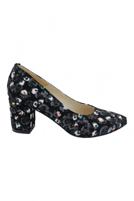 Pantofi damă eleganți, stiletto, piele naturală, toc gros, negru păun, Sandali [2]