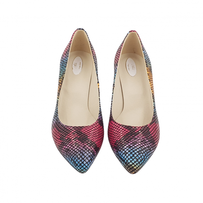 Pantofi damă eleganți, stiletto, piele naturală, toc gros, șarpe colorat, Sandali [3]