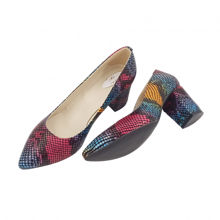 Pantofi damă eleganți, stiletto, piele naturală, toc gros, șarpe colorat, Sandali [4]