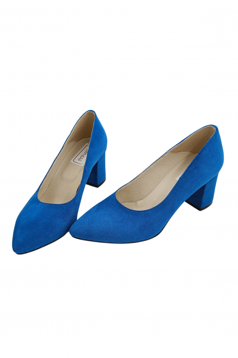 Pantofi damă eleganți, stiletto, piele naturală velur, toc gros îmbrăcat, albastru, SANDALI [4]