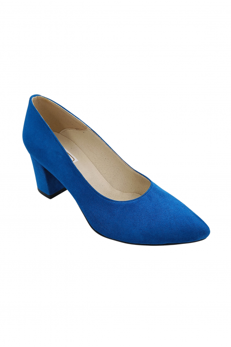 Pantofi damă eleganți, stiletto, piele naturală velur, toc gros îmbrăcat, albastru, SANDALI [2]
