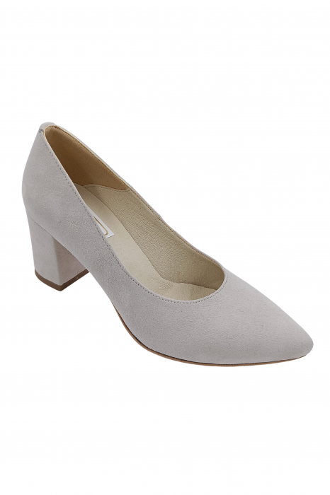 Pantofi damă eleganți, stiletto, piele naturală velur, toc gros îmbrăcat, gri - bej. SANDALI [2]