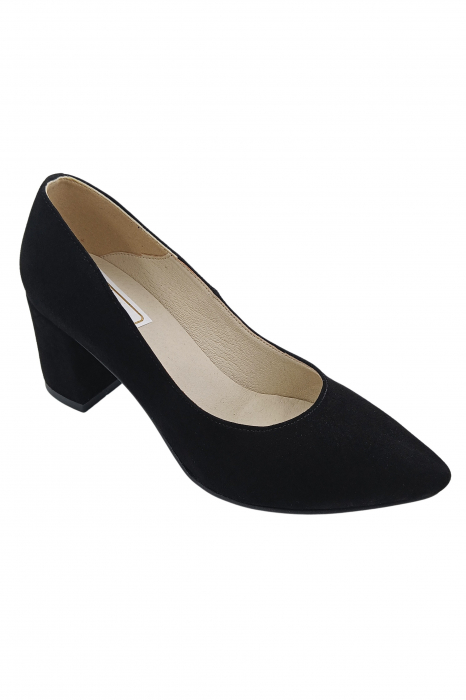 Pantofi damă eleganți, stiletto, piele naturală velur, toc gros îmbrăcat, negru. SANDALI [2]