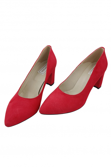 Pantofi damă eleganți, stiletto, piele naturală velur, toc gros îmbrăcat, roșu. SANDALI [4]