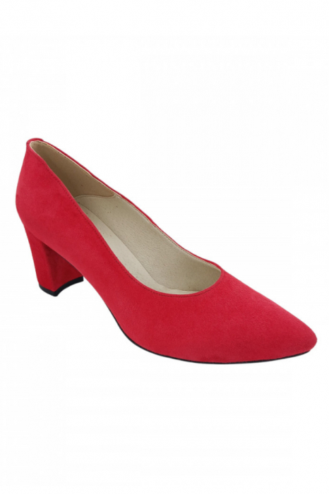 Pantofi damă eleganți, stiletto, piele naturală velur, toc gros îmbrăcat, roșu. SANDALI [2]