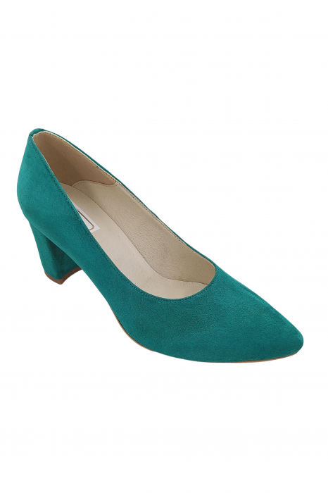 Pantofi damă eleganți, stiletto, piele naturală velur, toc gros îmbrăcat, verde. SANDALI [2]