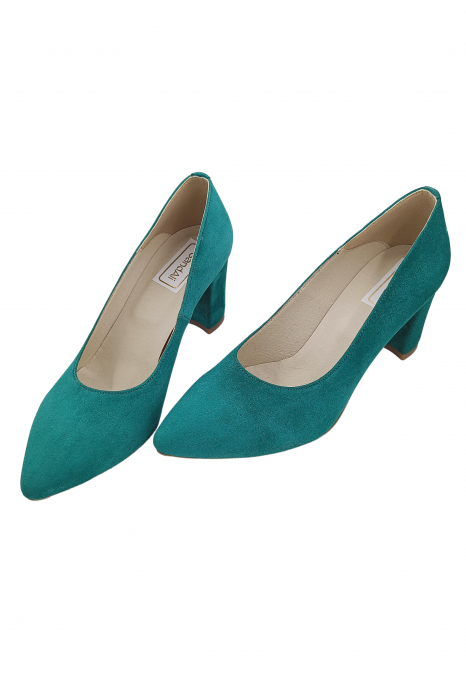 Pantofi damă eleganți, stiletto, piele naturală velur, toc gros îmbrăcat, verde. SANDALI [4]