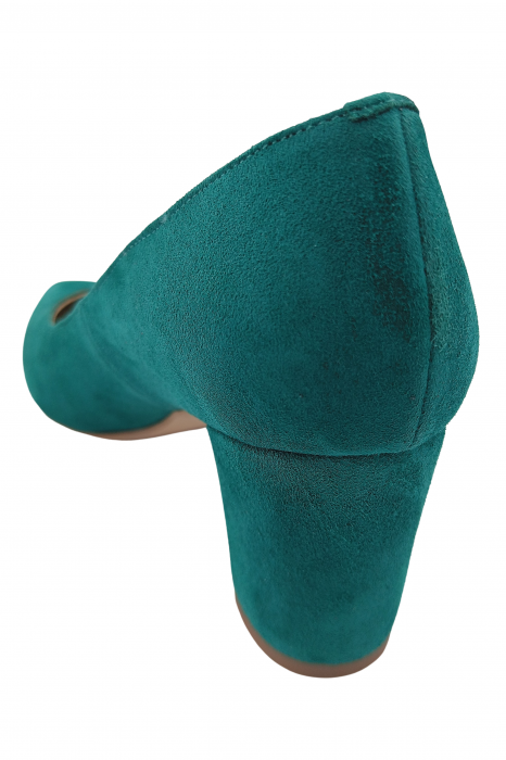 Pantofi damă eleganți, stiletto, piele naturală velur, toc gros îmbrăcat, verde. SANDALI [3]