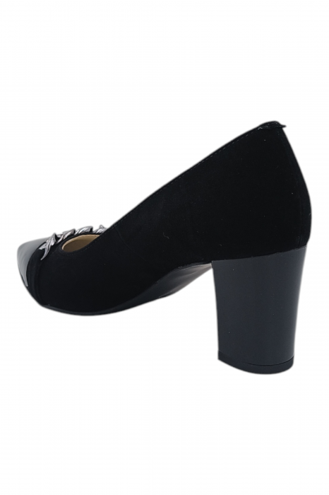 Pantofi damă eleganți, stiletto, piele naturală velur, toc gros, lanț decorativ, negru [3]