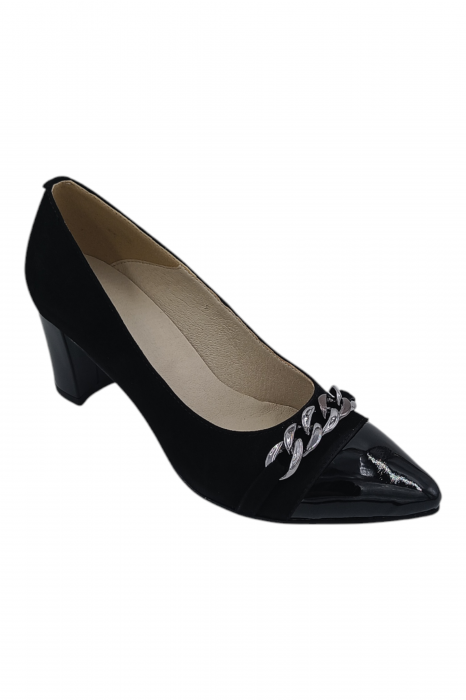 Pantofi damă eleganți, stiletto, piele naturală velur, toc gros, lanț decorativ, negru [2]