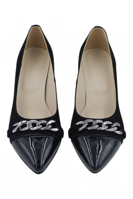 Pantofi damă eleganți, stiletto, piele naturală velur, toc gros, lanț decorativ, negru [4]