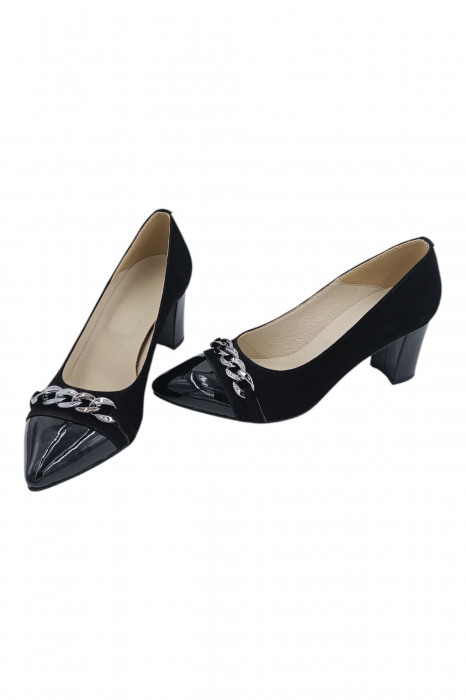 Pantofi damă eleganți, stiletto, piele naturală velur, toc gros, lanț decorativ, negru [5]