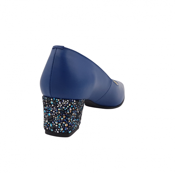 Pantofi dama eleganti, varf patrat, piele naturala, toc gros imbracat, albastru cu flori albastre, Sandali [2]