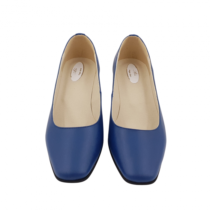 Pantofi dama eleganti, varf patrat, piele naturala, toc gros imbracat, albastru cu flori albastre, Sandali [3]