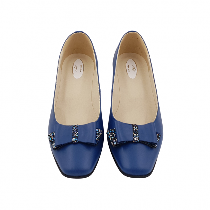 Pantofi dama eleganti, varf patrat, piele naturala, toc gros imbracat, funda, albastru cu flori albastre, Sandali [3]