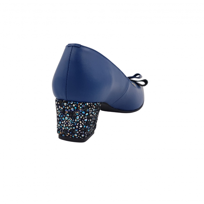 Pantofi dama eleganti, varf patrat, piele naturala, toc gros imbracat, funda, albastru cu flori albastre, Sandali [2]