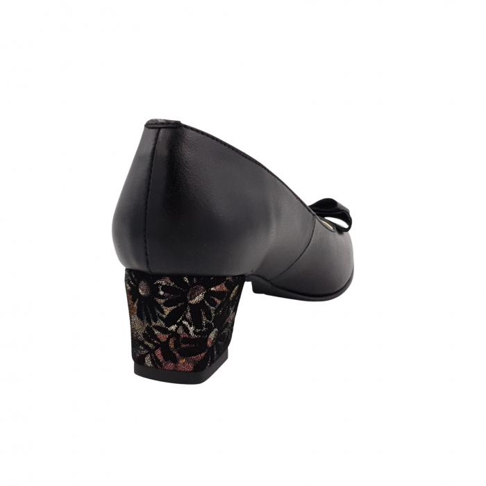 Pantofi dama eleganti, varf patrat, piele naturala, toc gros imbracat, funda, negru floral, Sandali [2]
