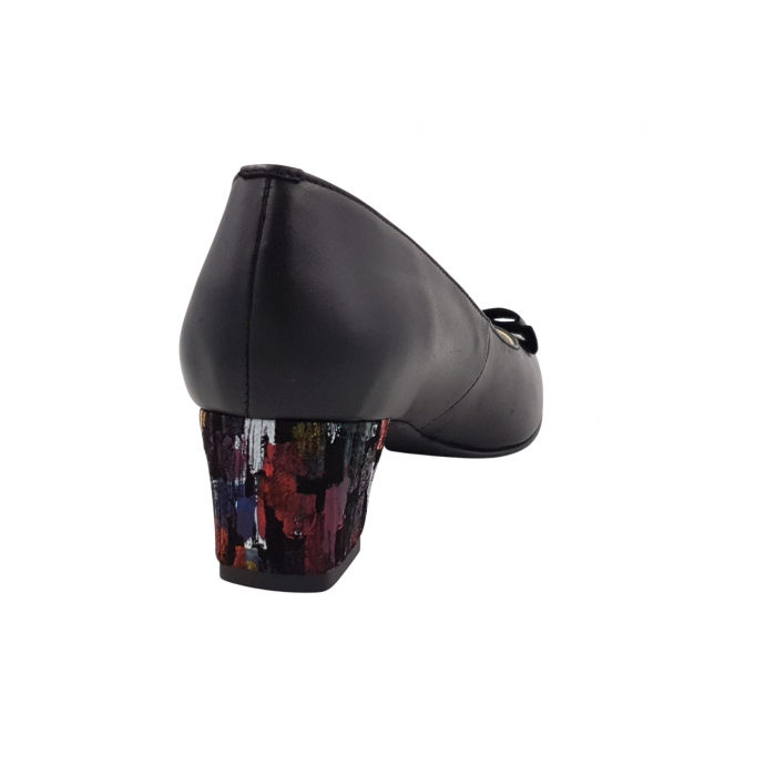 Pantofi dama eleganti, varf patrat, piele naturala, toc gros imbracat, funda, negru cu picasso, Sandali [2]