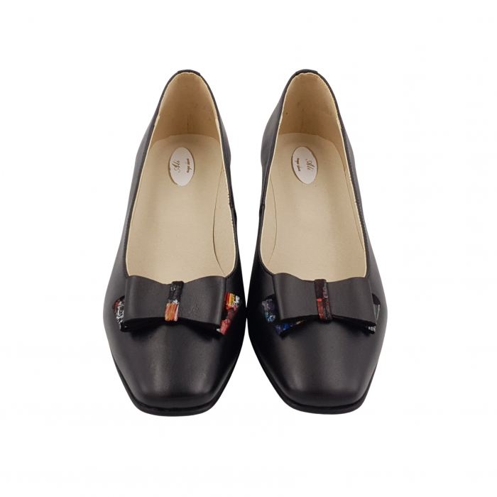 Pantofi dama eleganti, varf patrat, piele naturala, toc gros imbracat, funda, negru cu picasso, Sandali [3]