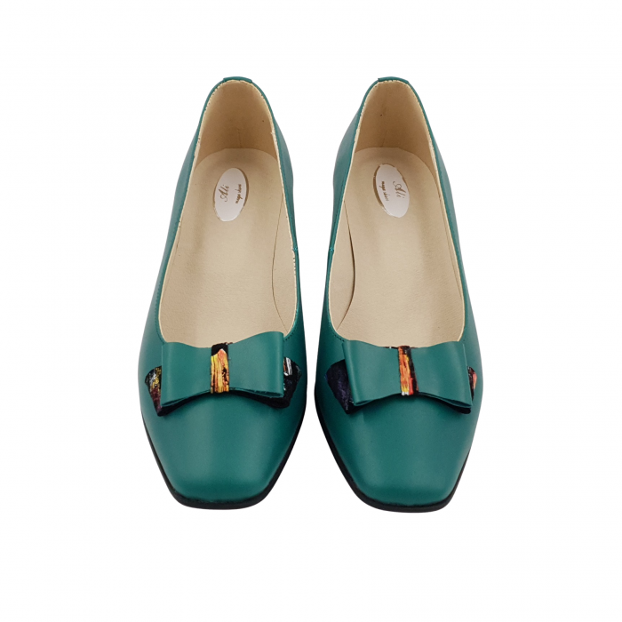 Pantofi damă eleganți, vârf pătrat, piele naturală, toc gros îmbrăcat, fundă, picasso, verde, Sandali [3]