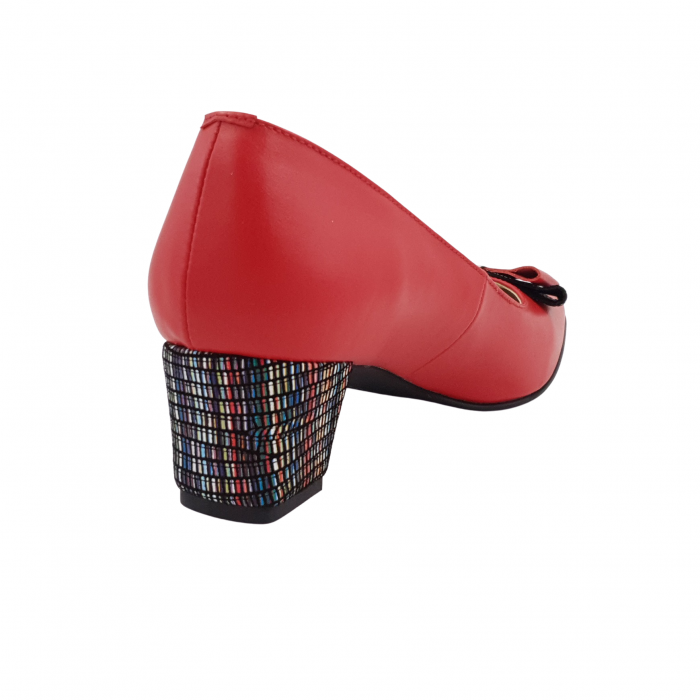 Pantofi dama eleganti, varf patrat, piele naturala, toc gros imbracat, funda, rosu cu linii colorate, Sandali [2]