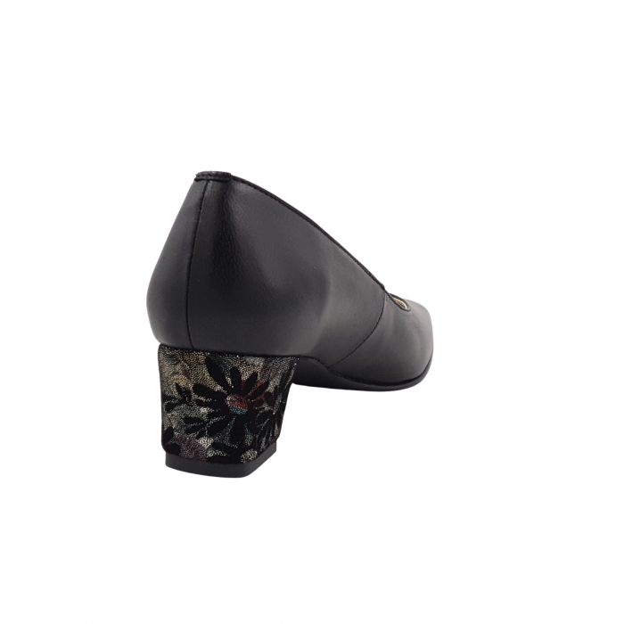 Pantofi dama eleganti, varf patrat, piele naturala, toc gros imbracat, negru floral, Sandali [2]